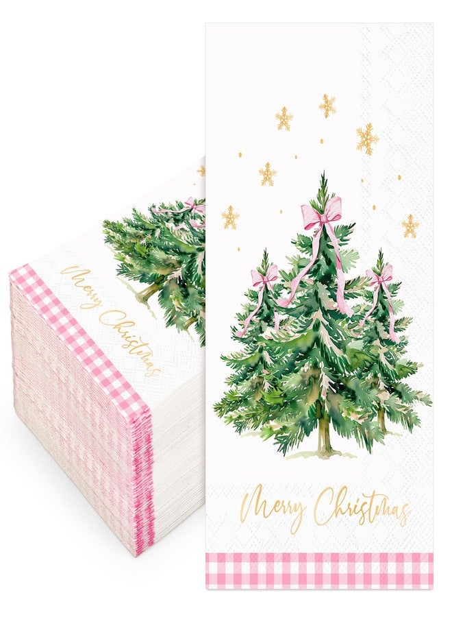 وولاين مجموعة مناديل ضيوف عيد الميلاد من والين، 100 قطعة، مزينة بفيونكة وردية وشجرة عيد الميلاد، مناديل ورقية للاستخدام مرة واحدة، مزينة برقائق ذهبية وندفة ثلج، مثالية لحفلات العشاء. - Image 1